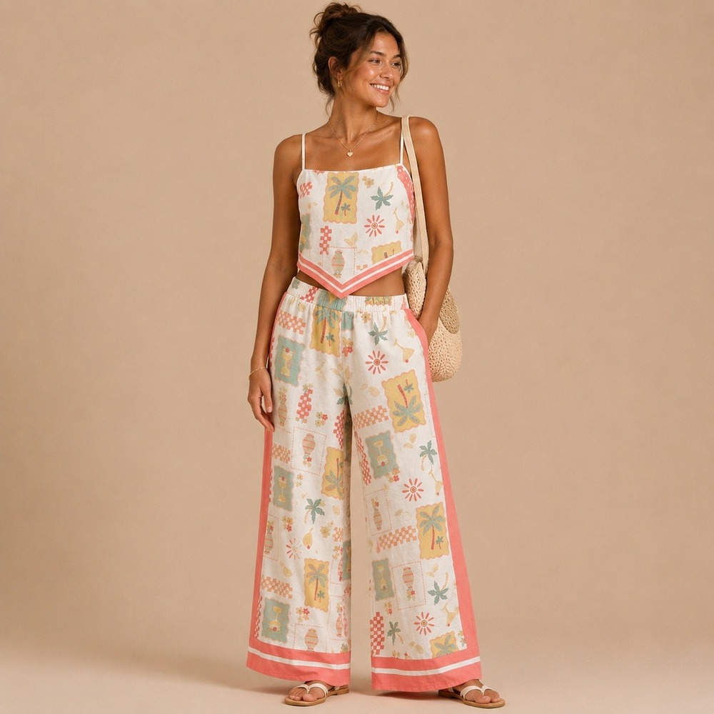 Sienna Sky Womens Tropical Print 2 Piece Set Wide Leg Pants Crop Top Coral Small